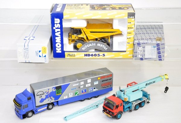Conrad & Komatsu Scale Diecast Vehicles: Super detailed cast vehicles include 1:50 Komatsu HD605-5 Quarry Truck; Conrad 4604 Volvo XL racing tractor & trailer ($184.99 retail price tag); Conrad 3088 Mercedes Mobile Crane. All appear like new