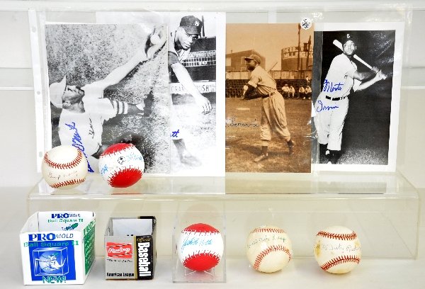 Negro League Baseball Signed Items: Nice small collection of original signatures from Negro League, includes 2 Double Duty Radcliff balls; Gump Worsley ball, who was a Hockey goalie and wore a Negro league jersey; Signed photos from Buc