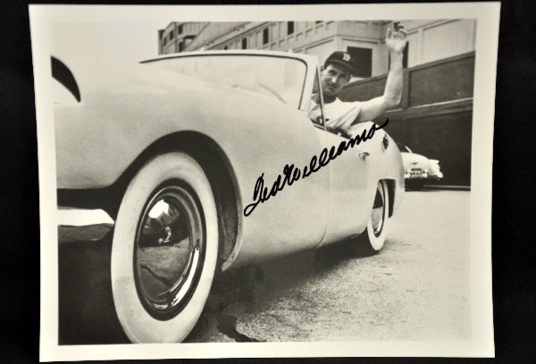 Ted Williams Signed Photograph: Classic pose in his sports car, clearly signed in black marker. Examine photos or call for more information, (203) 730-1404