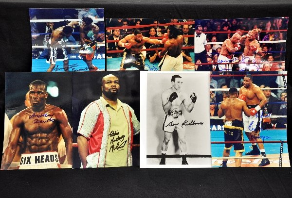 Signed Boxing Sports Memorabilia: Two Rangers Baseballs signed Jake LaMotta; Photos include- Livingston Bramble; Eddie Mustafa Muhammad; Andrew "Six Heads" Lewis; Ray Mercer; Shannon Briggs (Foreman fight); "Terrible" Tim Witherspoon 