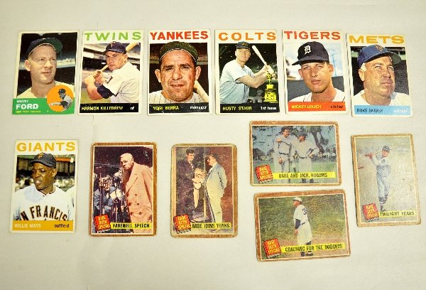 1960s Topps Baseball Cards: 1963 Whitey Ford; 1964 Duke Snider; 1964 Mickey Lolich; 1964 Yogi Berra; 1964 Harmon Killebrew; 1964 Willie Mays (1 dog-eared corner) & others including 5 worn Babe Ruth Specials. All are fairly clean