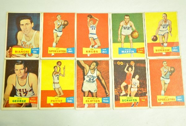 10 Clean 1957-58 Topps Basketball Cards: Includes 67-Jack George; 64-Bob Burrow; 59 Al Bianchi; 2 #52- Art Spoelstra; 52- Jim Kerns; 24- Bob Pettit; 13- Dolph Schayes; 12- Slater Martin; 1- Sweetwater Clifton. All are clean, most have soft c