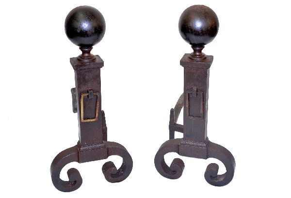 1880s Empire Style Andirons: Cast & rough iron, each, 25" tall. Nice proportions. Has some rust on surface but should be an easy restoration. Examine photos or call for more information, (203) 730-1404 (About 50lbs, so watch ship