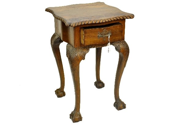 Period Chippendale Side Table: Circa 1830. 18 X 18 X 27" scalloped top with rope detailing on edges; single drawer with hand dovetailing and hand shaped bottom. Fine carving in leg tops with full ball & claw feet on 4 sides. One le