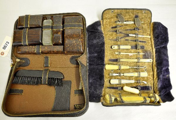 Vintage Manicure & Dap Kits: Ivorine handled manicure/pedicure set missing a couple of pieces, but in nice condition with carrying case, plus a leather cased dap kit with most of the major components in place. Both show moderate