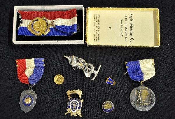 Early German American Sports Medals: Boxed ribbon & medal, German-American Football association (soccer); 1937 Faustball pin & ribbon; 1935-1936 New Jersey State Cup, runner-up pin & ribbon; Berchtesgaden souvenir pin; Frisch-Frei Stark 