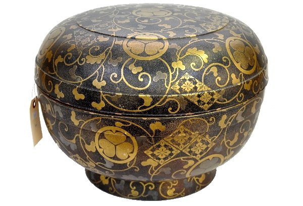 Scarce Edo Period Wedding Basket: Purchased from the collection of Charles Parsons Pettus. 12 T X 15 1/2" W. Hand stenciled and gold dust lacquered wood. Research attributes this piece to the late Edo period, 1803 to 1829 at the heigh