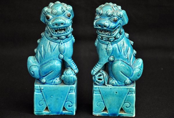 Pair Chinese Export Porcelain Foo Dogs: Each 6 1/2" tall in lapis colored porcelain. Wonderfully shaped with high gloss finish. Export stamp on bottom suggests late Qing or early Republic period, 1920s. Examine photos or call for more infor
