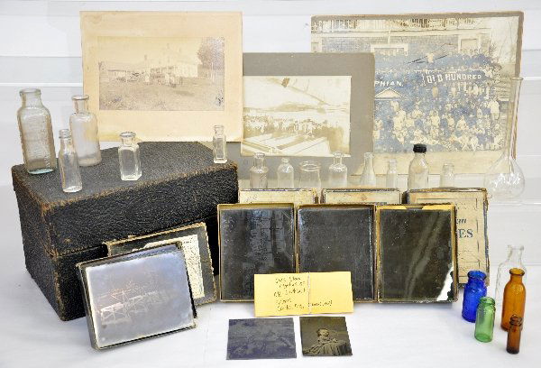 Vintage Photography Lot: Includes 4 boxes of 4 X 5 glass negatives with Harvard University class of 1903 25th Reunion and scenic images; several old photos & a tin type, plus old glass chemical bottles from developing photos