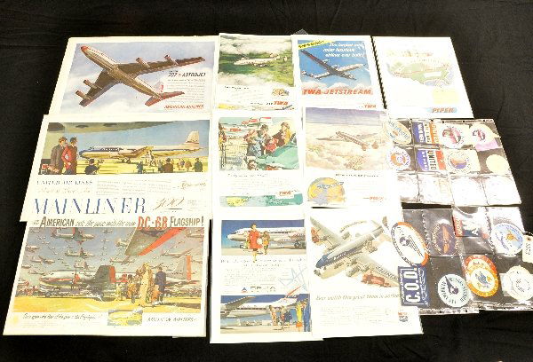 Large Lot of Early Airline Ads & Baggage Stickers: From the 1930s, 1940s, and 1950s, about half are 2 page spreads, most nicely put in clear bags with backing board, plus a selection of coasters including United; Avanca; American Airlines; Delta; Nati