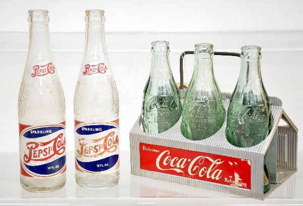 Early Coca-Cola & Pepsi-Cola Bottles: 2 Pepsi bottles, dated 1916 & 1936; 6-pack Coke carrier with 3 vintage bottles, 1 has chip in rim. Examine photos or call for more information, (203) 730-1404