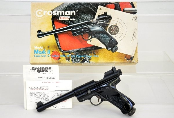 Boxed Crossman Mark II Air Pistol: All these lots are from a single owner collection. .177 cal single shot BB/Pellet pneumatic target pistol. Shows light signs of use & age with its original box & worn insert with paperwork. No guarant