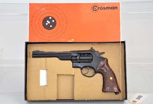 Boxed Crossman 38T Pellgun Revolver: All these lots are from a single owner collection. .22 cal single shot revolver. Shows very light signs of use & age with original box & paperwork. No guarantee of operation, though they appear well m
