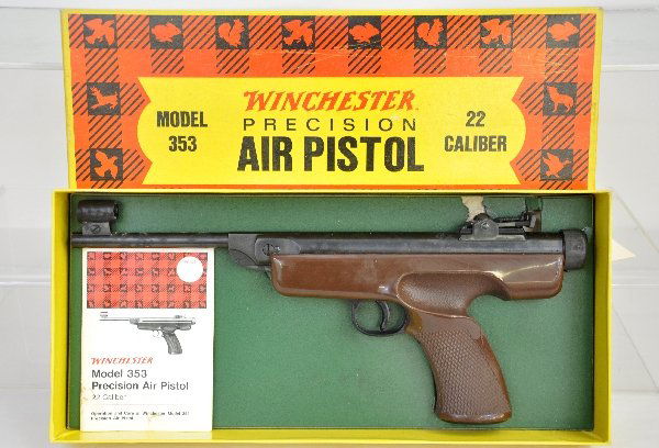 Boxed Winchester 363 Air Pistol: All these lots are from a single owner collection. .22 cal single shot match quality target pneumatic pistol. Shows light signs of use & age with some foam residue that needs cleaning off. Includes it