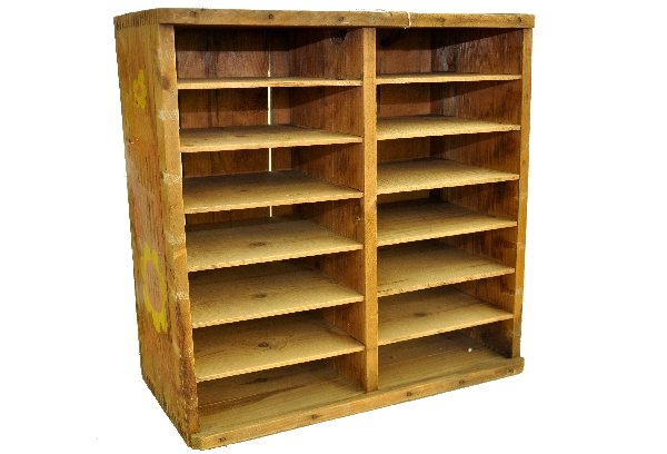 Table Talk Pie Delivery Crate: 23 X 23 X 10" wooden crate with 12 compartments, colorfully stenciled on side. Shows signs of use & age. Very unusual country store piece. Examine photos or call for more information, (203) 730-1404.