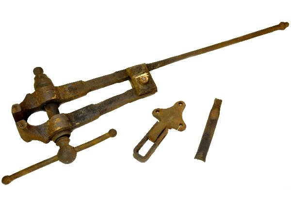 Large Early Bench Vise: 42" wide with mounting hardware. Came out of a barn. It appears to be unmarked, circa 1920s. Shows signs of use & age. Very heavy, so watch shipping. Examine photos or call for more information, (203)