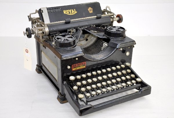 Early Royal Typewriter: Serial No. X-139 8890, painted cast iron with nice decals, appears functional with Raphael Typewriter Co. Mass. decal & dust cover. Examine photos or call for more information, (203) 730-1404.