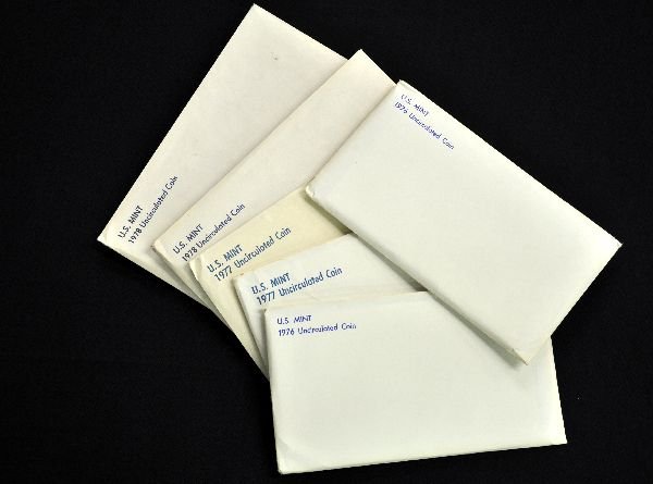 6 Uncirculated US Mint Sets: All P&D sets with dollars. 2 each of 1976, 1977 & 1978, as issued with envelopes. Grades are our opinion, so examine photos closely, or call for more information, 203 730-1404.