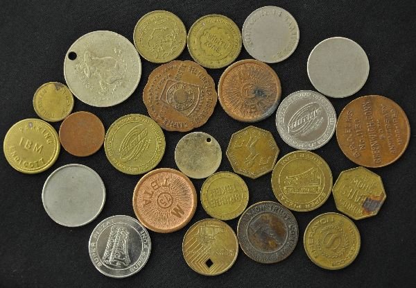 24 Assorted Tokens: Includes Lone Ranger Lucky Piece, 1950 (G); Westchester Tabernacle, 1971; Rollerland/Super Pizza; Union Trust Parcoa Token; Nik-o-lok; Wolds Greatest Showplace, NY; IBM, Endicott Parking; CT Turnpike;