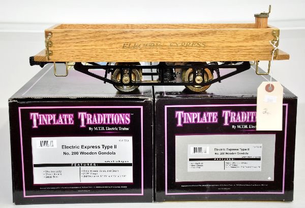 MTH 10-1197-3 Wooden 2 7/8 Gondolas: 2 7/8 Ga. 10-1197-0 & 3 Electric Express Type II No. 200 Wooden Gondola & trailer. Nice reproductions, true to the originals. They have been test run with track set, obs & shippers C9