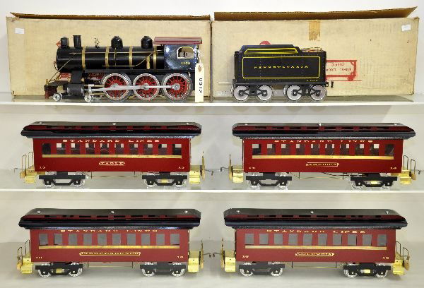 6 Pc CMT Passenger Set: ST. GA. By Charlie Wood. #1108 4-6-0 loco & PRR tender with #13 through #16 day coaches lettered Standard Lines. All steel construction with wood & brass trim. Cars have boxes and all show light playw