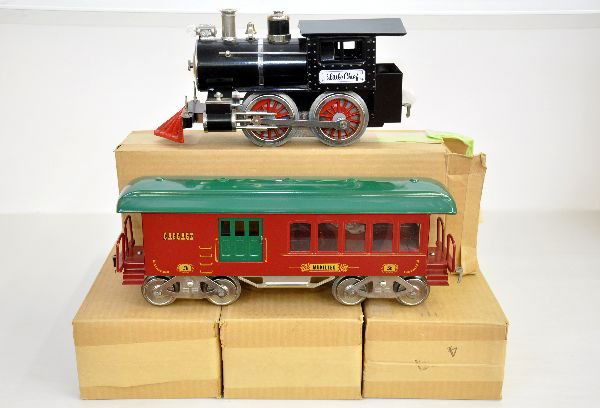 5Pc McCoy Steam Passenger Set: ST. GA. Little Chief 0-4-0 tank loco with baggage; combine & 2 different coaches. All appear like new with cars having boxes, C9