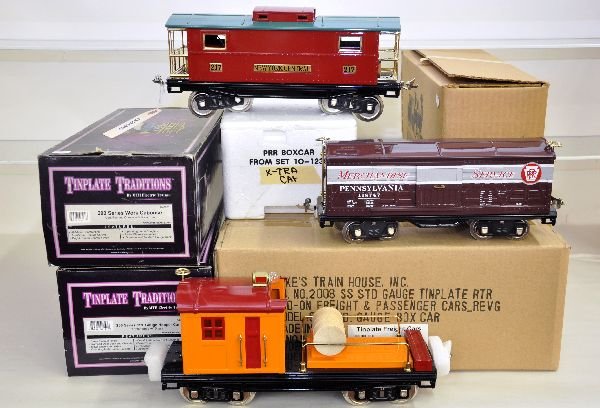 5 MTH Standard Gauge Freight Cars: Early production 217 NYC caboose; 10-2098 PRR hopper; 10-2003 work caboose; 10-1235 #514 PRR boxcar (insert ONLY; 10-1122 PRR boxcar, all are lightly run, otherwise with boxes & 1 shipper, C8+