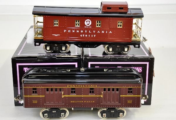 3 MTH PRR Standard Gauge Cars: ST. GA. 10-5080 #322 baggage; 10-2221 #517 caboose; 10-2171 #514R reefer, all show very light runtime with boxes & shippers, C8+