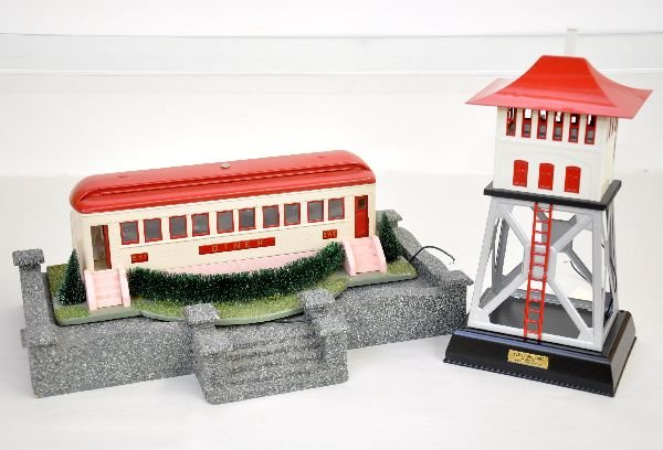 Modern Standard Gauge Accessories: ST. GA. MTH 10-1049 #438 signal tower with box; Standard gauge diner with a Hyde Park Terrace base. All are like new, C8+-9