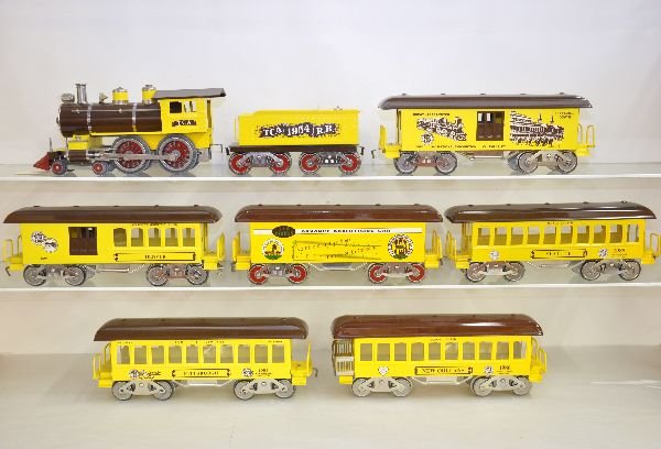 8Pc McCoy TCA Passenger Set: ST. GA. Steam loco & tender, boiler support is fatiguing; billboard car; baggage car; combine; 2 coaches & observation. All otherwise clean showing light playwear, C8-9
