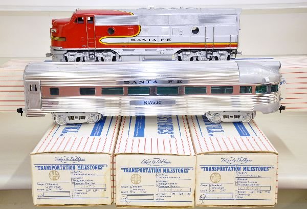 Huge DeHanes SF Passenger Set: ST. GA. SF PA Alco diesel, with 3 different boxed 26" coaches & matching observation. All show light run time, C8-9