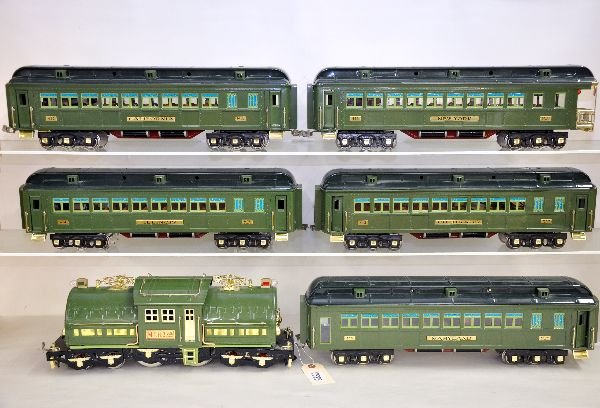 6Pc MTH Lionel Green State Set: ST. GA. 10-1077-0 381E Electric with 10-1078 4-car set, plus the 10-1079 Illinois coach. All appear lightly run, C8