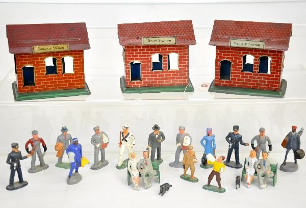 Chein & Barclay Accessory & Figure Lot: Includes 3 different Chein Stations, plus 22 assorted Barclay, Gray Iron & Japanese cast & composition figures (2 Britains dogs). All show light to moderate playwear, C6-7