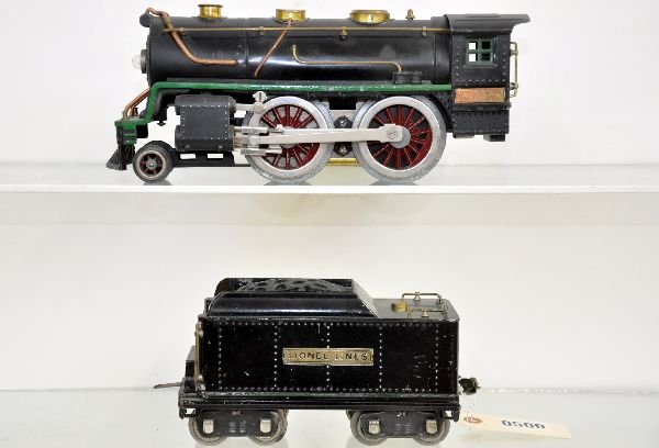 Lionel 384E Steam Loco: ST. GA. Very minor warp to frame with a touched-up roof. Matching 384T tender, both need a cleaning and should otherwise polish to C6 ish