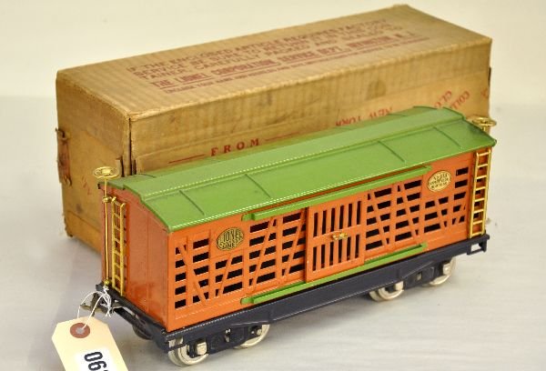 Super Boxed Lionel 213 Stock Car: Original owner lot. ST. GA. Clean & shiny showing almost no wear with original box, C8+-9 WOW
