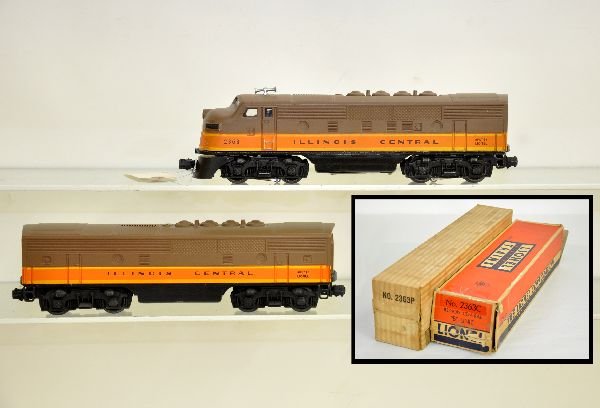 Boxed Lionel 2363 IC F3 AA Diesels: Clean with nice matte patina, decal chipped at door edges, but show very light playwear with replaced battery bracket. B-Unit has a 1/16 paint chip on roof & includes boxes, trailer has insert, but ta
