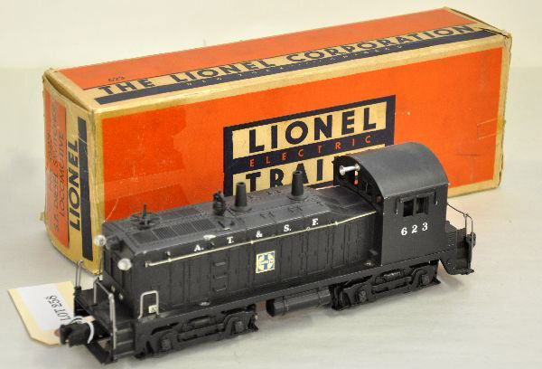 Boxed Lionel 623 SF NW-2 Diesel: It is clean with nice matte patina and 99% decals. There is a small paint spot on side of hood, otherwise shows light run-time with box & insert, C7