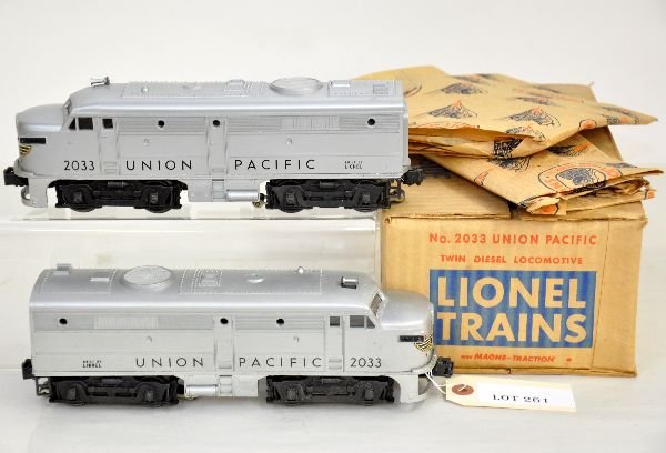 Fantastic Boxed Lionel 2033 UP Alcos: Clean with bright silver and gorgeous decals. They show light run time with wrapping, master carton with 3 inserts & instructions. Much better than most, C7+-8 WOW!