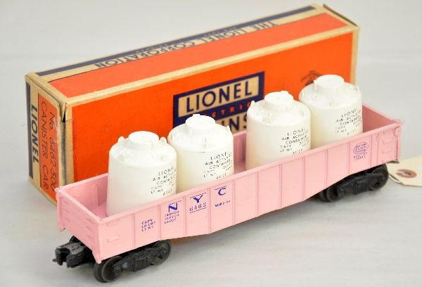 Boxed Lionel Girls Set, Part 3: This lot contains the 6264-500 NYC gondola with canisters for the Sears Girl's set. It is clean with a taped box and shows light playwear, C7+