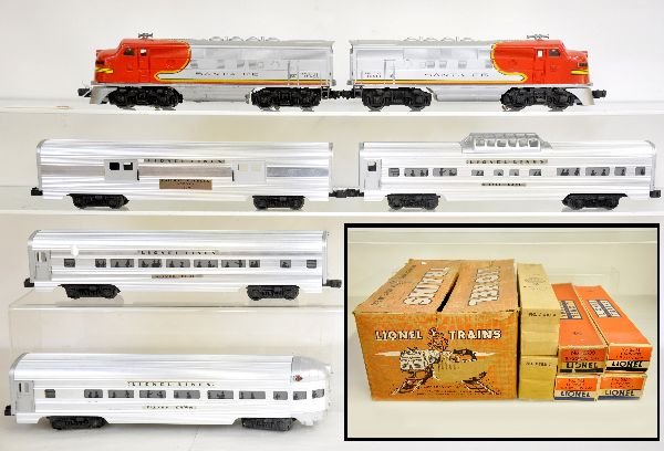 Unusual Boxed Lionel Flat Channel Set 2526W: Circa 1958, including 2383 SF F3 AA diesels. They have nice bright silver with super decals; 2530 baggage, 2 plate version; 2532 vista-dome; 2534 Pullman; 2531 observation, cars are scarce flat channe