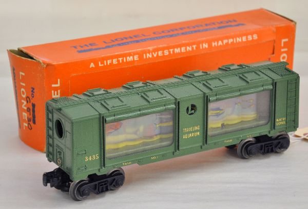 Scarce Boxed Lionel 3435 Aquarium Car: This has the gold stamped lettering with tank 1 & 2 designated. It is fairly clean with very nice paint. The perf window box is 90% intact with some graffiti on end flaps, C7+
