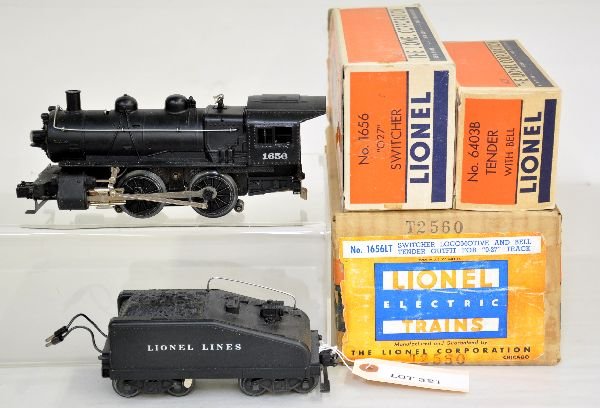 Double Boxed Lionel 1656 Steam Switcher: Very clean with nice matte patina. Lettering is sharp, with matching 6403B slope back tender with bell & back-up light. It has clean boxes with inserts, loco box has issues. It includes a very nice ma