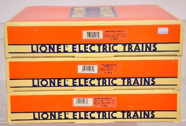 3 Lionel 6464 Boxcar 3-Packs: Includes 19276 (Rutland, C of G; B&O); 19272 (B&A; PRR; SP); 19266 (RI, MP; NYC). All are Like new with boxes & master boxes, C9