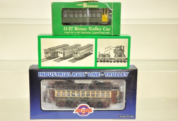 3 Modern Trolleys: Bowser Birney, unlettered; Bowser PTC; Industrial/Atlas 1008109B PTC, all appear lightly run with boxes, C8+-9