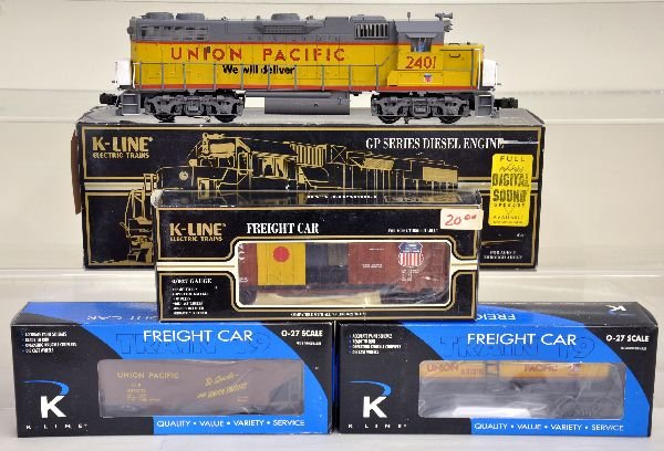 4Pc K-Line UP Diesel Freight Set: K2490-2401 UP GP-38-2 with Lionel RailSounds; K621-2112 hopper; K631-211 tank car & K644-2111 Boxcar. All show light runtime with boxes, C8+-9