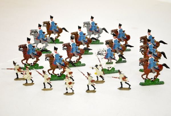 Early Flats, Some Boxed: Box of Kieler flats, about 1 1/2" tall each with box & excelsior; 13 Napoleonic mounted figures, nicely painted, 1 missing its tail. All show moderate playwear, C7