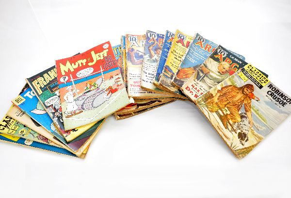 Golden Age & Pulp Comics: Includes Mutt & Jeff #24 & 25; Tom and Jerry #147; Frankenstein #11; Steve Canyon #1 (no cover); Classics #10 & 42, both F; Plus 9 pulps in F to VF
