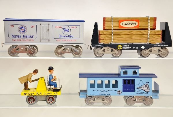 4Pc McCoy Lot: Standard Gauge. Includes RR handcar; TCA caboose, TCA Disneyland boxcar; boxed lumber car. All show light playwear, C8