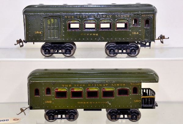 2 Clean Ives Passenger Cars: Standard Gauge. 184 combine & 186 observation. Both are in unusually clean and shiny condition, but aren't perfect matches for each other. The observation is missing 1 step and rear coupler, otherwise