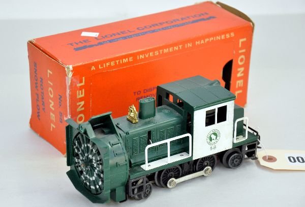 Boxed Lionel 58 Rotary Snow Plow: Clean with 1 split strut. It shows moderate playwear with scarce box & insert, has one taped flap, C6+-7